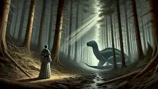 Saint Martha encounters the Tarasque in a dark forest, with light filtering through the trees, creating a tense atmosphere.