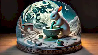 The Jade Rabbit grinds herbs with its mortar and pestle on the moon's surface, glowing softly under the moonlight.