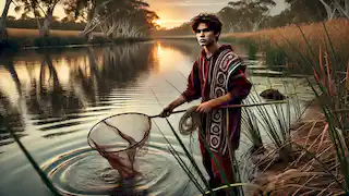 Young Ngarrindjeri fisherman casting a net into the Murray River with ripples hinting at danger.