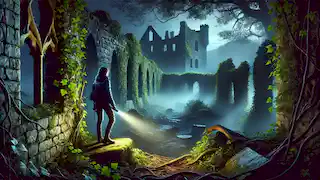 Eleanor explores the misty ruins of Dunleary Castle with a flashlight, surrounded by crumbling ivy-covered walls.