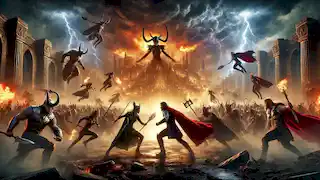 The aftermath of Ragnarok, with statues of Valkyries standing amidst the ruins of Asgard, bathed in golden light.