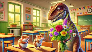 Penelope offers a bouquet of flowers to apologize to her classmates in a warm classroom setting.