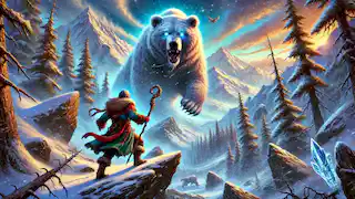 Baytil climbing the Altai mountains, facing an ethereal bear on a snowy path amidst rugged peaks.