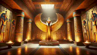 A golden image of the Bennu bird stands guard over the burial chamber in Tutankhamun's tomb, with hieroglyphics on the walls.