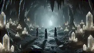 The three sisters explore the vast Caves of Echo, with crystal reflections and shadows hinting at their fears and determination.