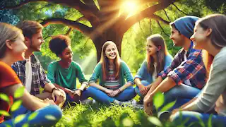 Girl and friends sit together under a tree, sharing laughter and support.