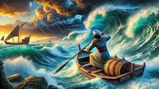 Text: Khem struggles to navigate his boat through a violent storm on the Nile River, battling against the powerful waves.