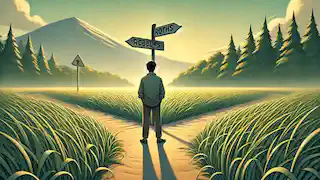 A man stands at a crossroads, unsure which path to take, with roads leading to a mountain and a green forest.