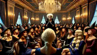 The Grand High Witch addresses a group of witches in a luxurious hotel conference room, revealing her bald head.