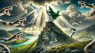 St. Patrick stands on Croagh Patrick, driving snakes into the sea below with divine light breaking through stormy skies.