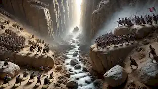 Athena's army traps Pericles' forces at Skiron Pass, with boulders rolling down the cliffs during battle