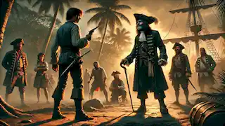 Jim Hawkins stands defiantly, holding a pistol as he faces Long John Silver in a tense final confrontation.