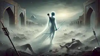 The ghostly figure of Mehrdad, a lone archer, walks through a misty battlefield, with Isfahan in the background.