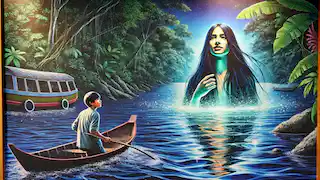  Cauê, a young fisherman, leans over his boat, captivated by the sight of Iara beneath the water's surface.