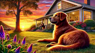 Max lies peacefully in his yard at sunset, with Mr. Thompson watching contentedly from the house doorway.