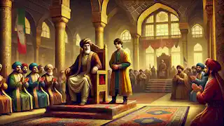 King Shahrokh announces Arash as his trusted advisor in the grand Persian palace.