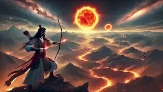 Hou Yi stands atop Kunlun Mountain, preparing to shoot the first sun as the earth burns below.