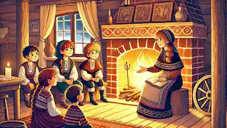 Vasilisa teaching her children about bravery and kindness around a cozy hearth.