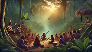 Villagers play the sacred Jurupari flute at dusk, connecting with nature under the Amazonian sunset.