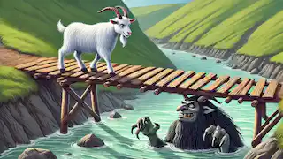 Middling Billy Goat Gruff stands firmly on the bridge, facing the menacing troll who has fully emerged.