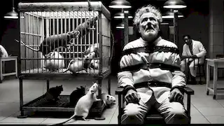 Winston strapped to a chair, facing a cage of hungry rats, with a terrified expression as he tries to pull away.