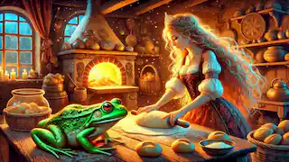 The frog princess reveals her true form, Vasilisa the Wise, while baking bread.