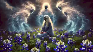 Elderly She-Who-Is-Alone sits among blooming bluebonnets, merging with the flowers as spirits appear in the sky.