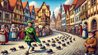 The Pied Piper leading the rats out of Hamelin.