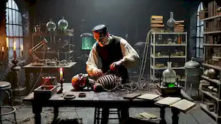 Victor Frankenstein destroys the unfinished second creature in his laboratory filled with scientific equipment.