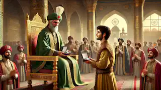 Arash returns to the Persian palace, handing the silver box to King Shahrokh.