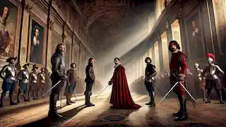 D'Artagnan, Athos, Porthos, and Aramis confront Cardinal Richelieu in a grand hall, ready for battle.