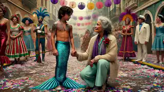 Julian holds Abuela's hand after the parade, surrounded by remnants of celebration.