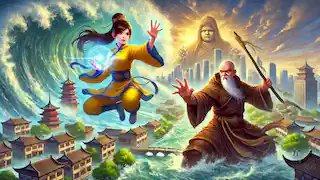 Bai Suzhen battles Fahai to protect Hangzhou.