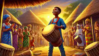 Olumide proudly holding the glowing Talking Drum in his village as the villagers celebrate around him.