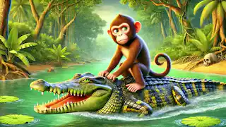 A clever monkey rides on the back of a deceitful crocodile in a river with a lush forest background.