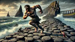 Benandonner running across the Giant’s Causeway toward Scotland, tearing up the stones in panic as he flees from Finn MacCool.