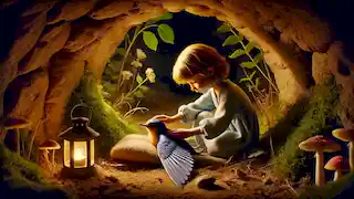 Thumbelina nurses an injured swallow in a dimly lit underground tunnel.