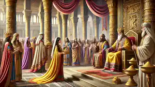 The Queen of Sheba visits King Solomon, offering gifts of gold and spices in his grand Jerusalem court.