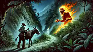 A mule driver faces La Candileja's fiery apparition on a narrow mountain path at night.