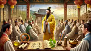 The Yellow Emperor teaches scholars and artisans about early Chinese medicine and technology.