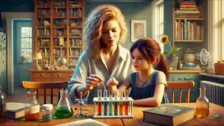 Elizabeth Zott and her daughter Madeline sitting at a table covered with science books and a chemistry set.