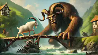 The largest Billy Goat Gruff prepares to charge at the troll on the creaking wooden bridge over the roaring river.