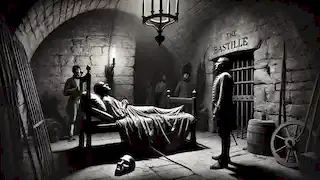 The frail Man in the Iron Mask lies in his cell in the Bastille, with his mask resting beside him on the bed.