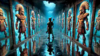 Ek Chuah stands in a hall of mirrors in Mitnal, reflecting distorted images of himself amidst a surreal blue glow.