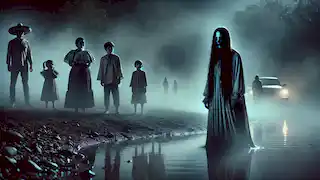 A family sees the ghostly figure of La Llorona near a misty riverbank, her face obscured, adding to the eerie atmosphere.