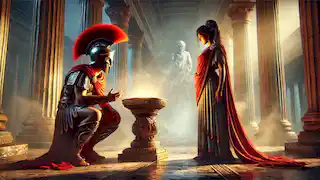 Myrine delivers a prophecy to a Spartan warrior, seated on the sacred tripod in the temple of Apollo, surrounded by incense.