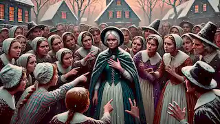 A frightened woman is accused of witchcraft by townspeople in an outdoor winter scene during the Salem Witch Trials