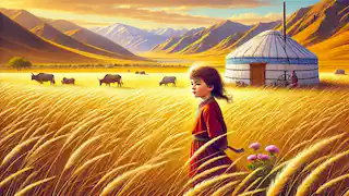 Young Argezgul gazes at the horizon, standing in golden grass with a yurt and grazing livestock in the background.