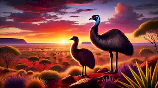 Emu and Jabiru standing side by side at sunset, overlooking the Australian Outback.