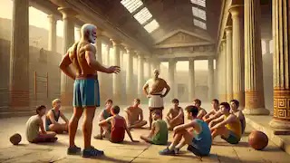 Older Milo of Croton mentoring young athletes in an ancient gymnasium.